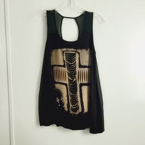 Double Zero Womens Tank Blouse Cross Print Cut Out